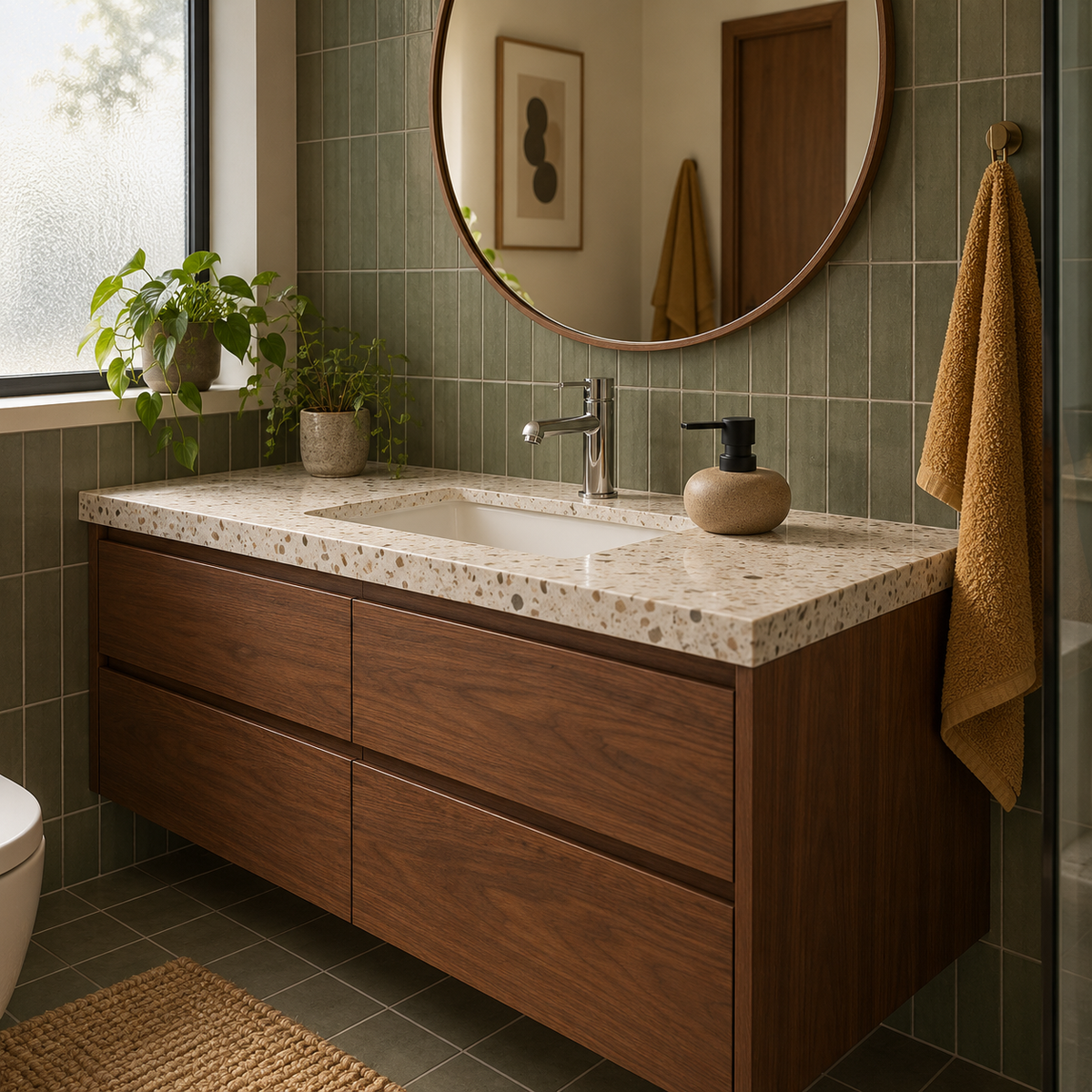 Zen Pebble ceramic soap dispenser in a moss-green tiled bathroom with a walnut vanity.