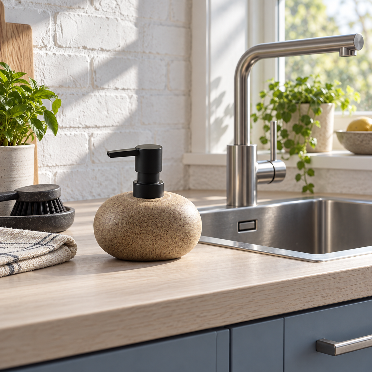 Zen Pebble ceramic soap dispenser in a bright kitchen beside a stainless steel sink.