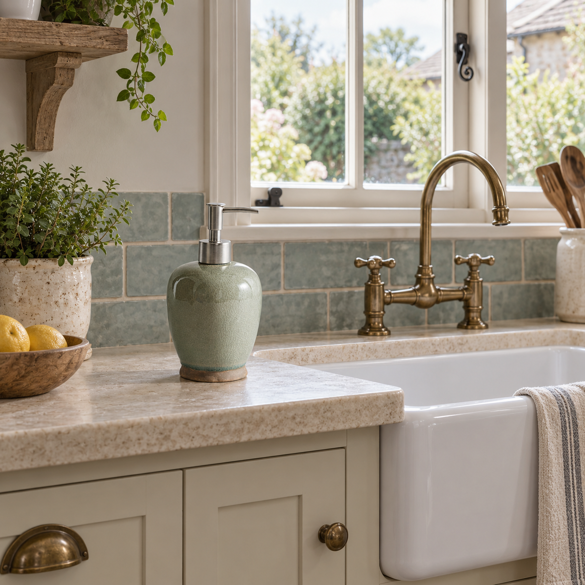 Willow Sage ceramic soap dispenser in a cottage kitchen beside a white apron sink.