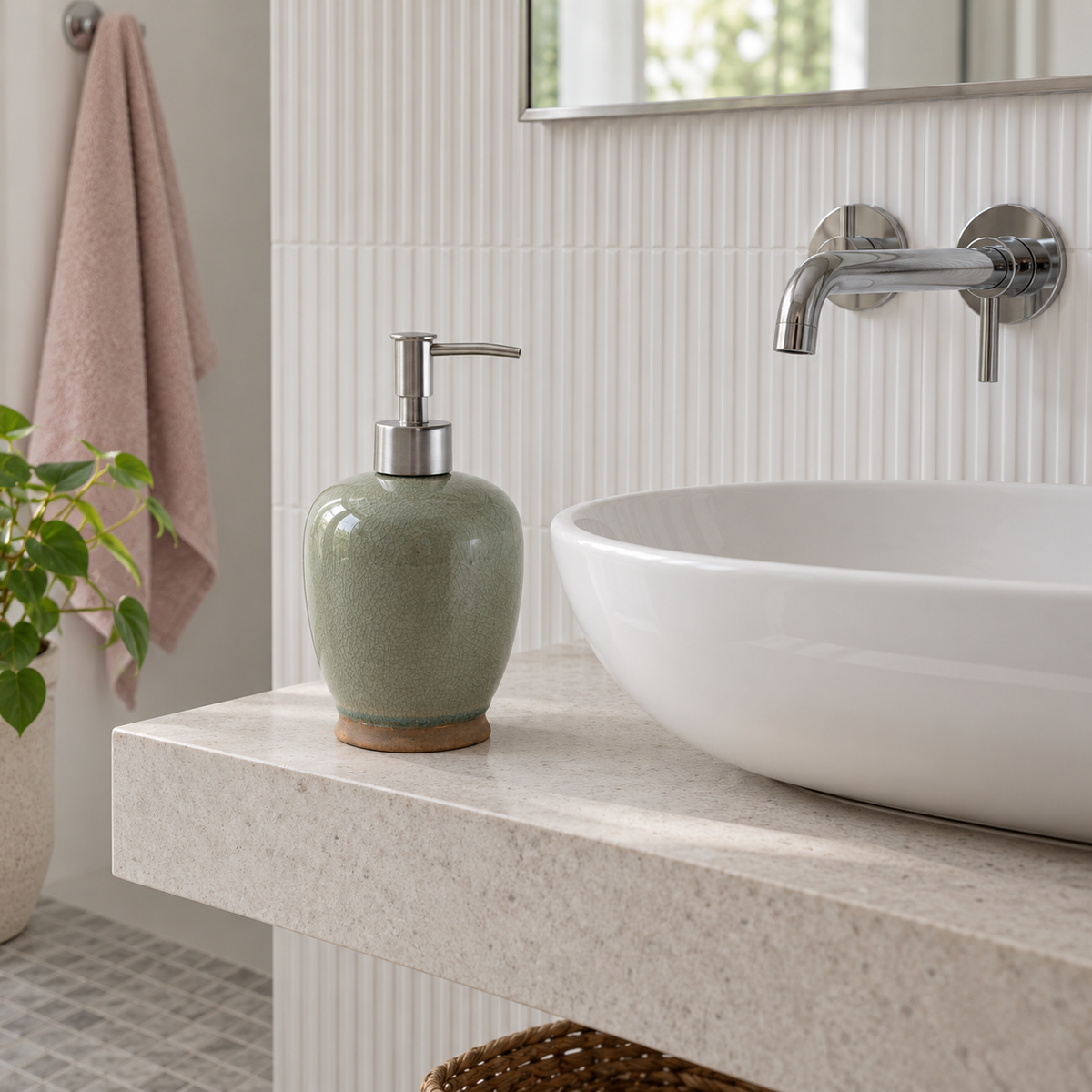 Willow Sage ceramic soap dispenser in a light bathroom beside an oval white basin.
