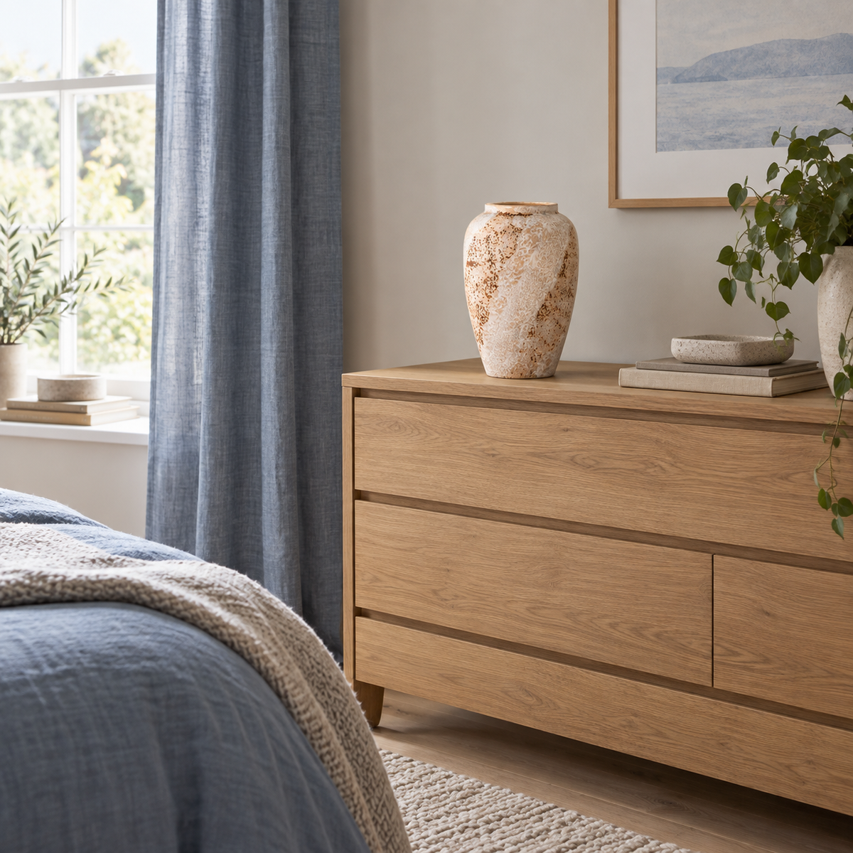 Mittelgroße cremeweiße Keramikvase in Urnenform leer auf einer Holzkommode im Schlafzimmer.