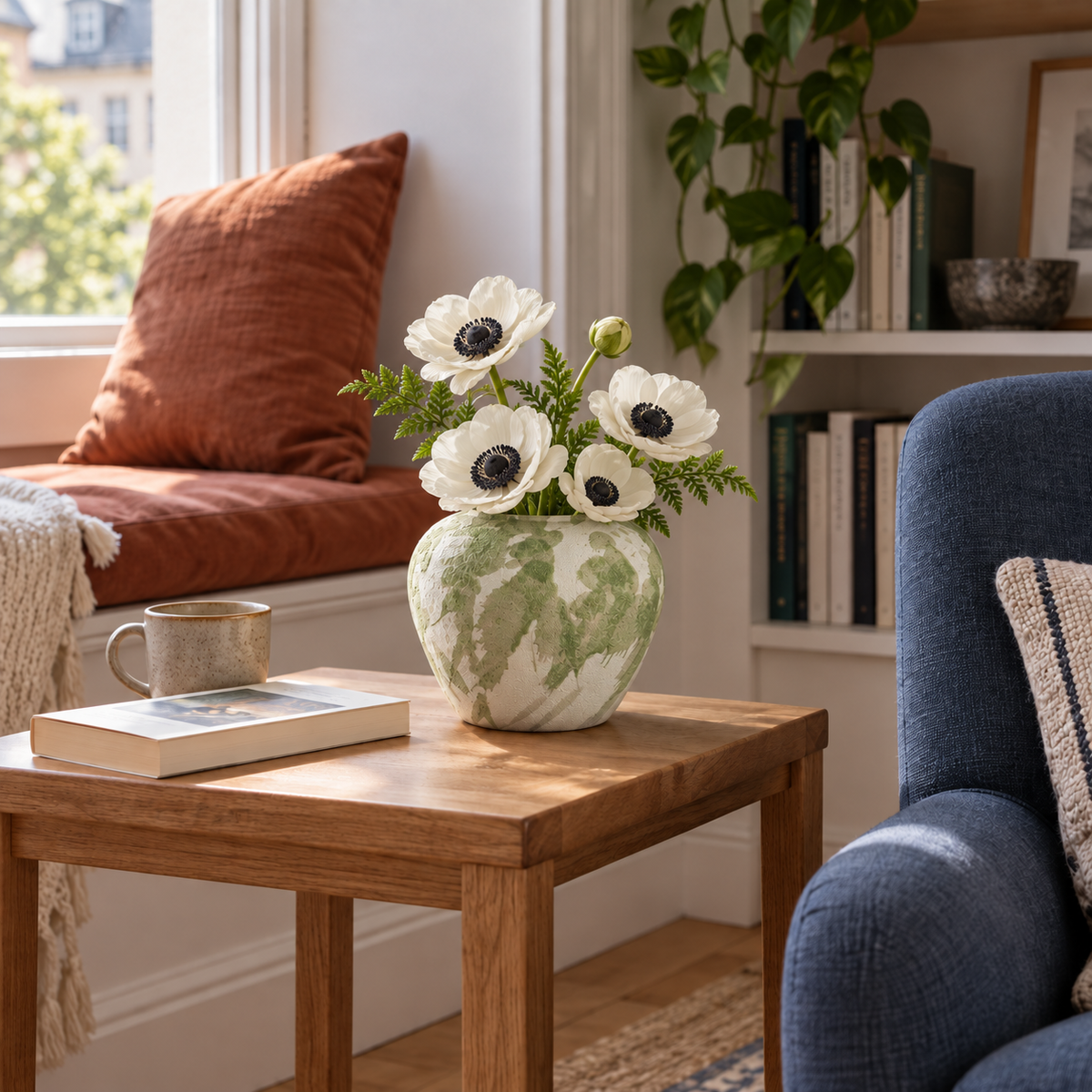 Kleine runde Keramikvase mit grünen Glasurflecken mit weißen Blumen neben einer Fensterbank zum Lesen.