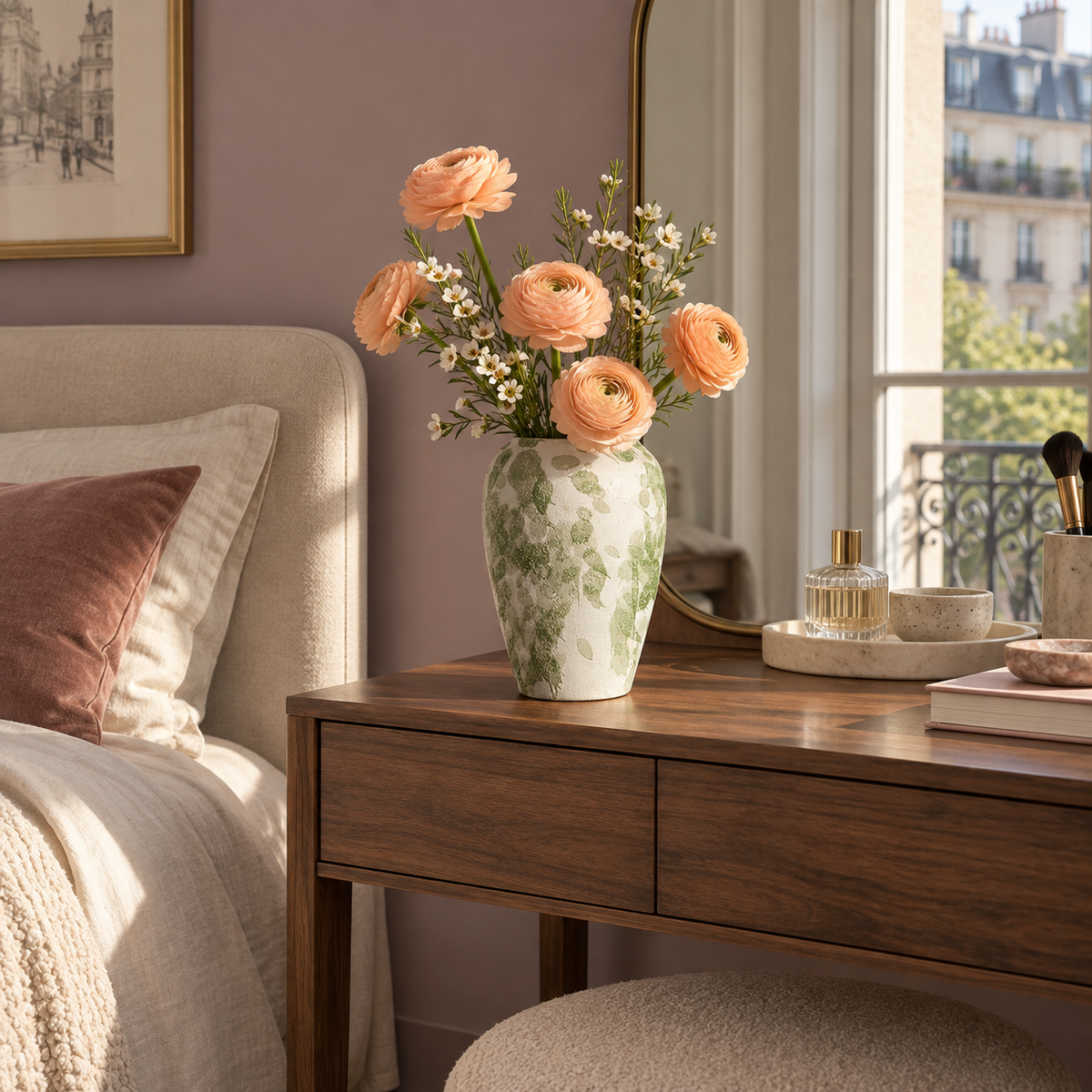 Mittelgroße Keramikvase in Urnenform mit grünen Glasurflecken mit apricotfarbenen Blumen auf einem Schminktisch.