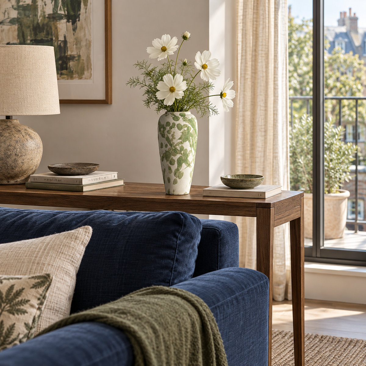 Hohe Keramikvase mit grünen Glasurflecken mit weißen Blumen auf einer Konsole hinter einem Sofa.