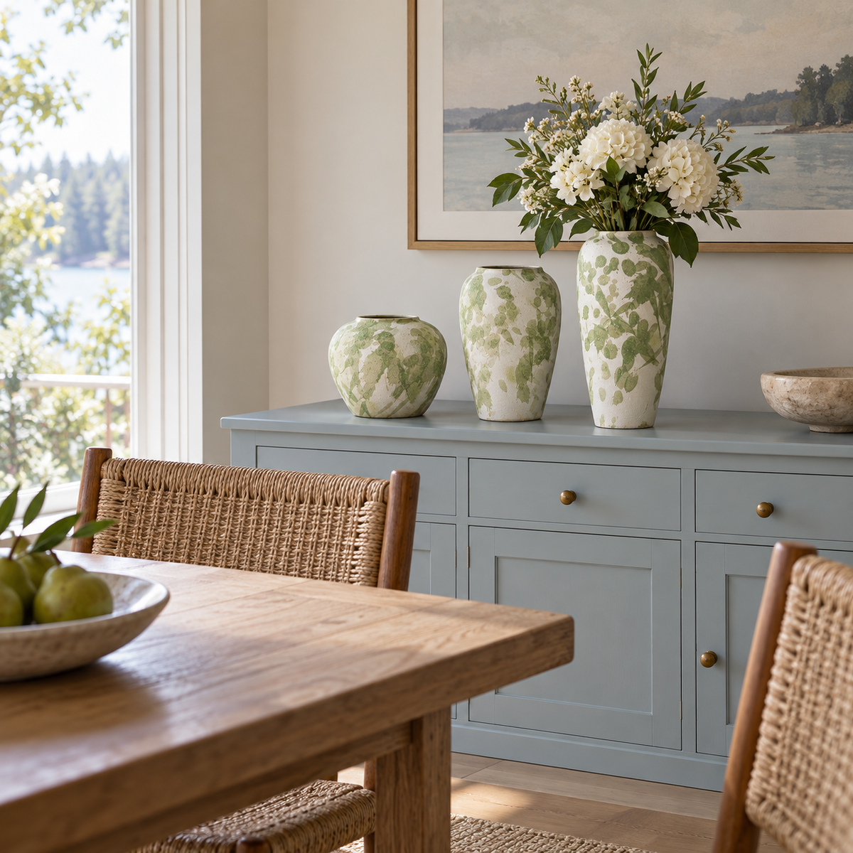 Set aus drei Keramikvasen mit grünen Glasurflecken mit Blumen in der hohen Vase auf einem Esszimmer-Sideboard.