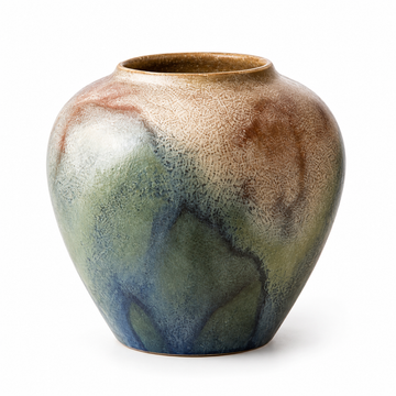 Small round blue-green reactive-glaze ceramic vase on a white studio background.