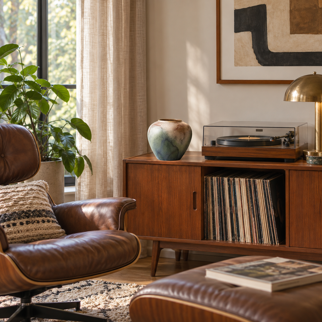 Small round blue-green reactive-glaze ceramic vase standing empty beside a record player in a listening corner.