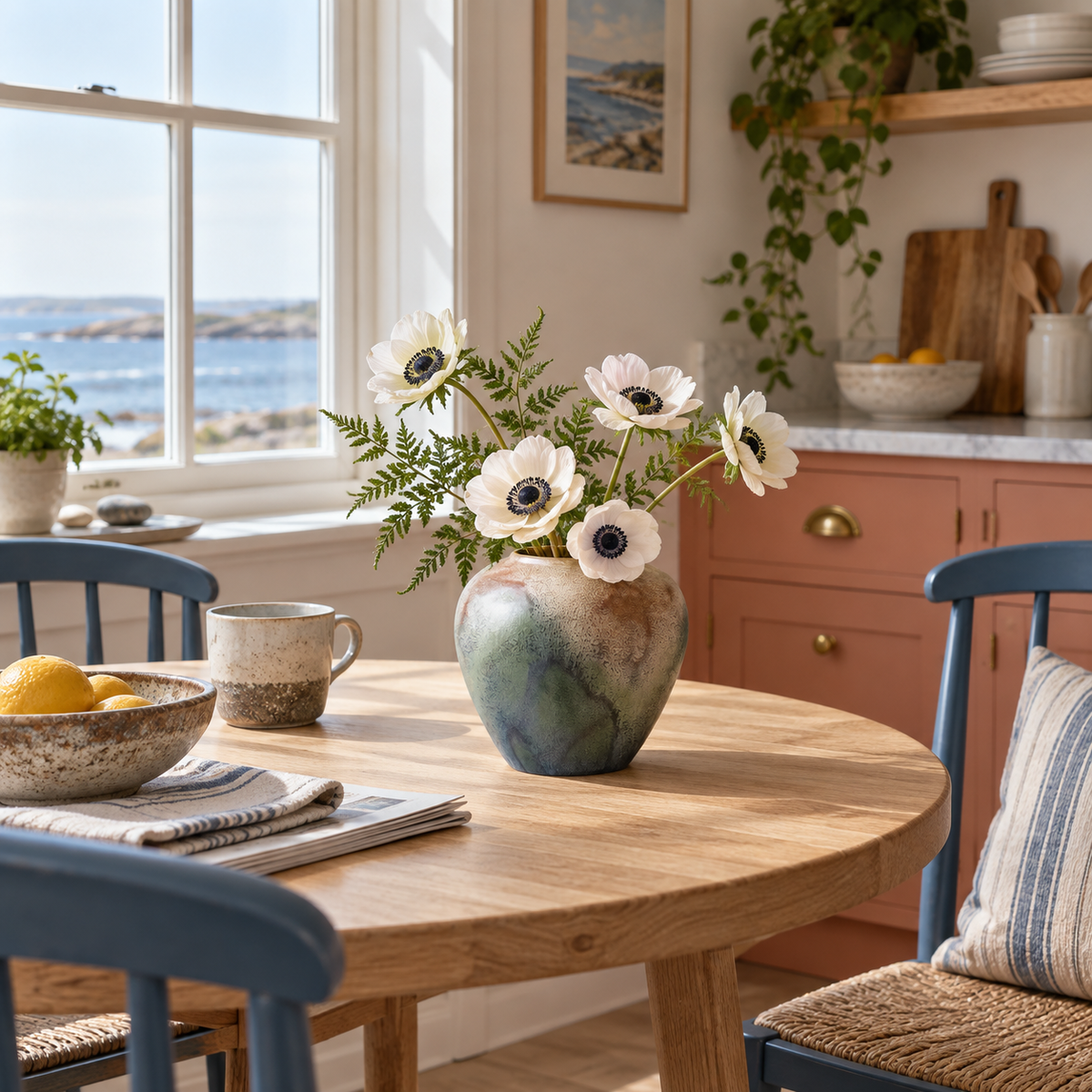 Small round blue-green reactive-glaze ceramic vase with white flowers on a wooden kitchen table.