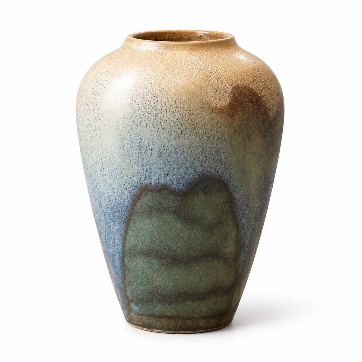 Medium blue-green reactive-glaze ceramic vase on a white studio background.