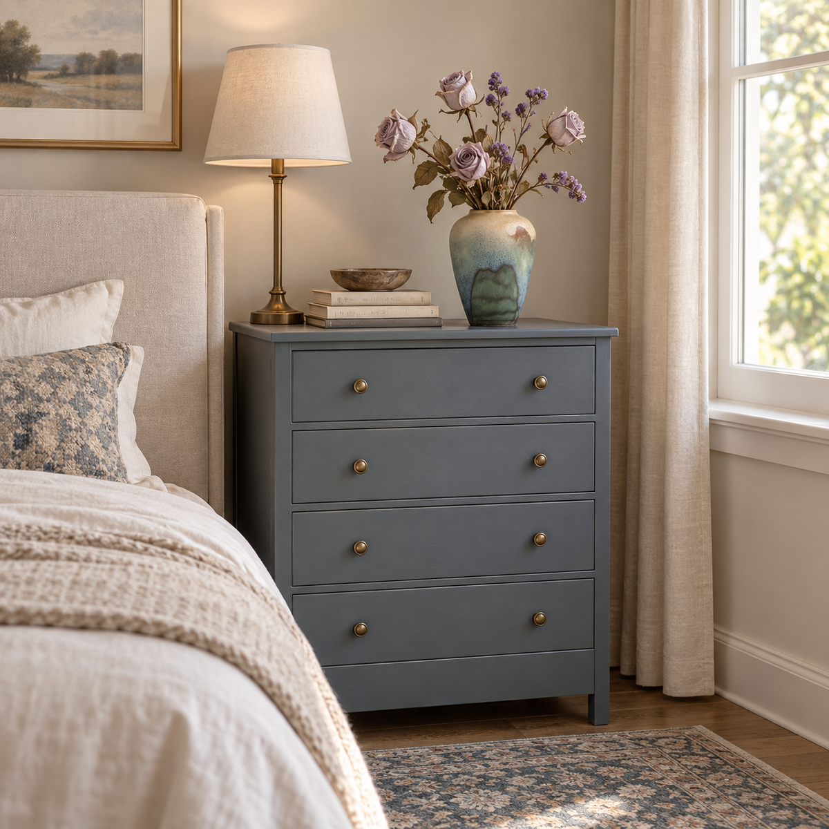Medium blue-green reactive-glaze ceramic vase with pale dried flowers on a blue-gray bedroom dresser.
