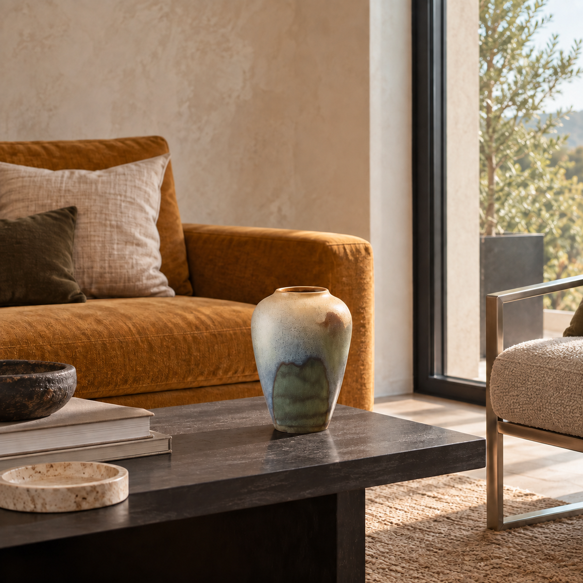 Medium blue-green reactive-glaze ceramic vase standing empty on a black coffee table beside an ochre sofa.