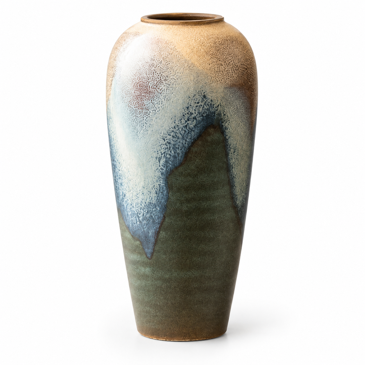 Tall blue-green reactive-glaze ceramic vase on a white studio background.