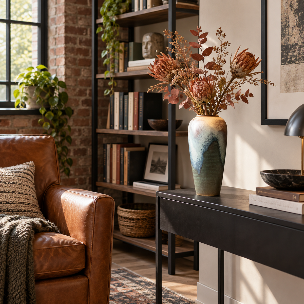 Tall blue-green reactive-glaze ceramic vase with dried flowers beside a leather reading chair.