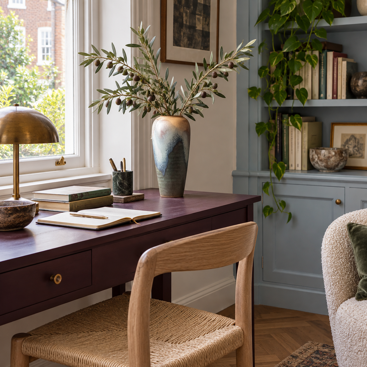 Tall blue-green reactive-glaze ceramic vase with olive branches on a plum-colored home office desk.