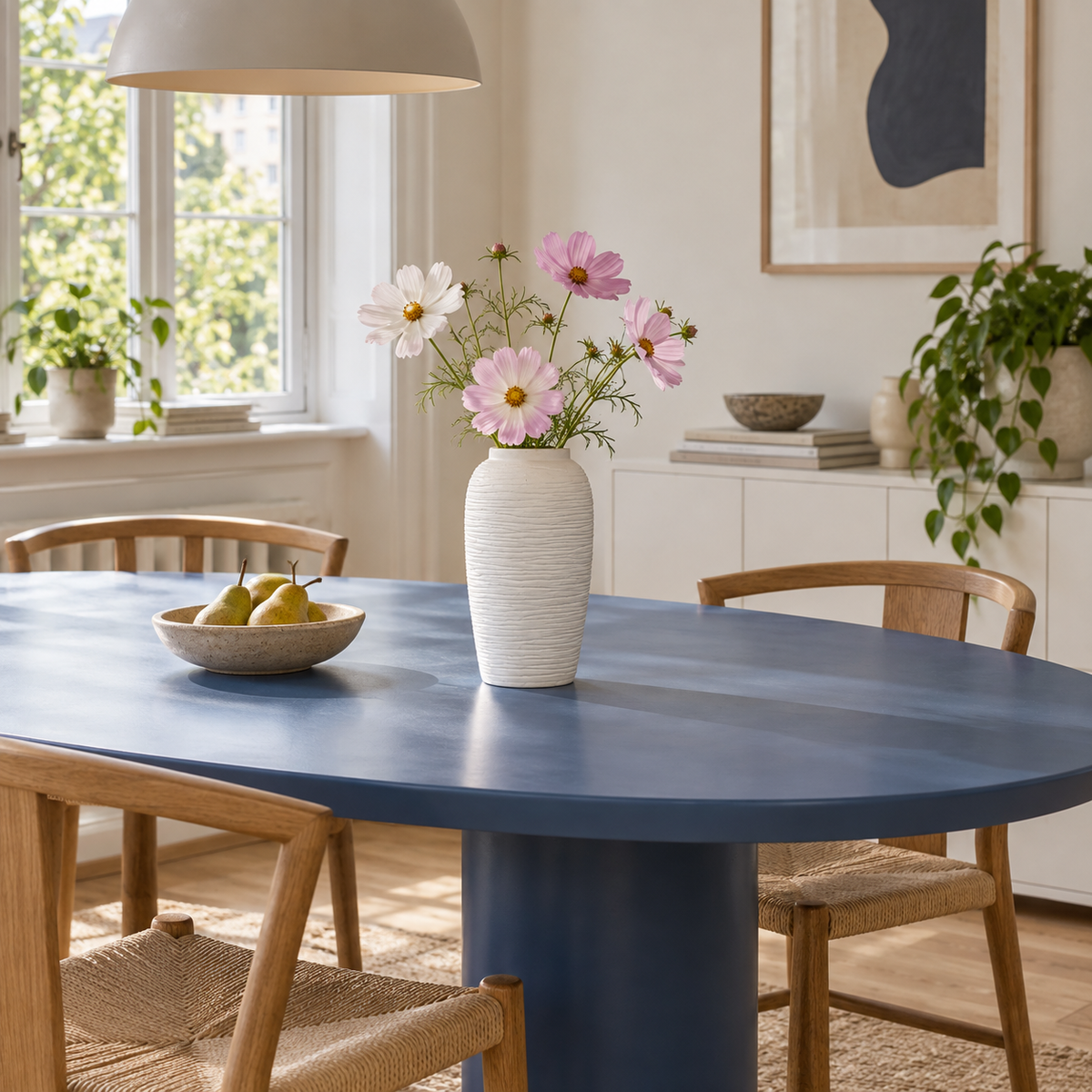 Hohe weiße Keramikvase mit handgeritzter Struktur mit rosa und weißen Blumen auf einem blauen Esstisch.