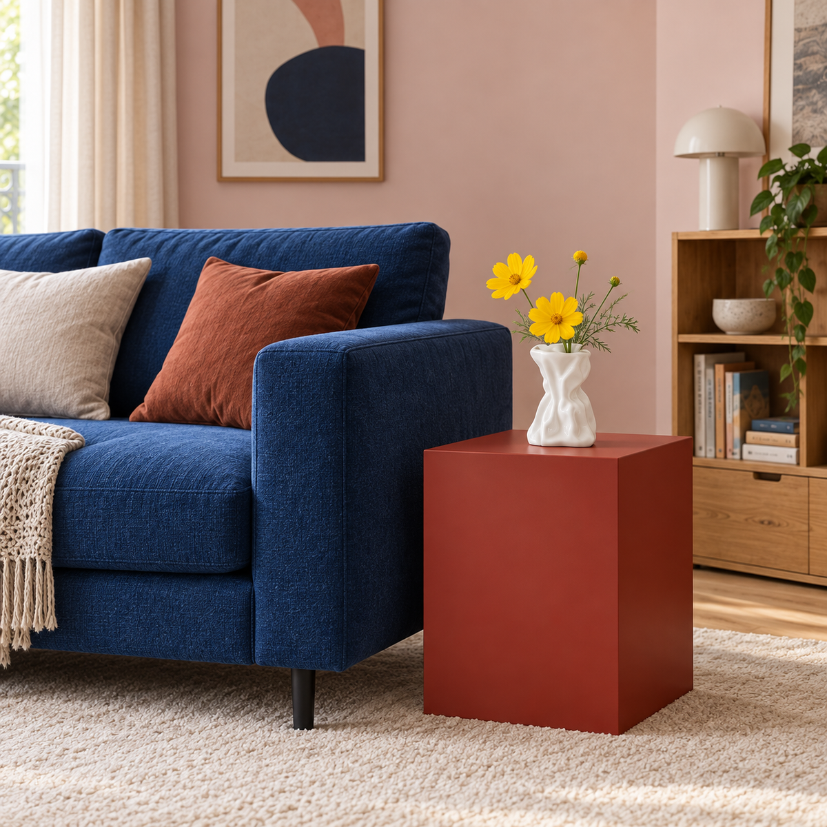 Weiße Keramikvase in zerknitterter Papiertütenform mit gelben Blumen auf einem roten Beistelltisch neben einem blauen Sofa.