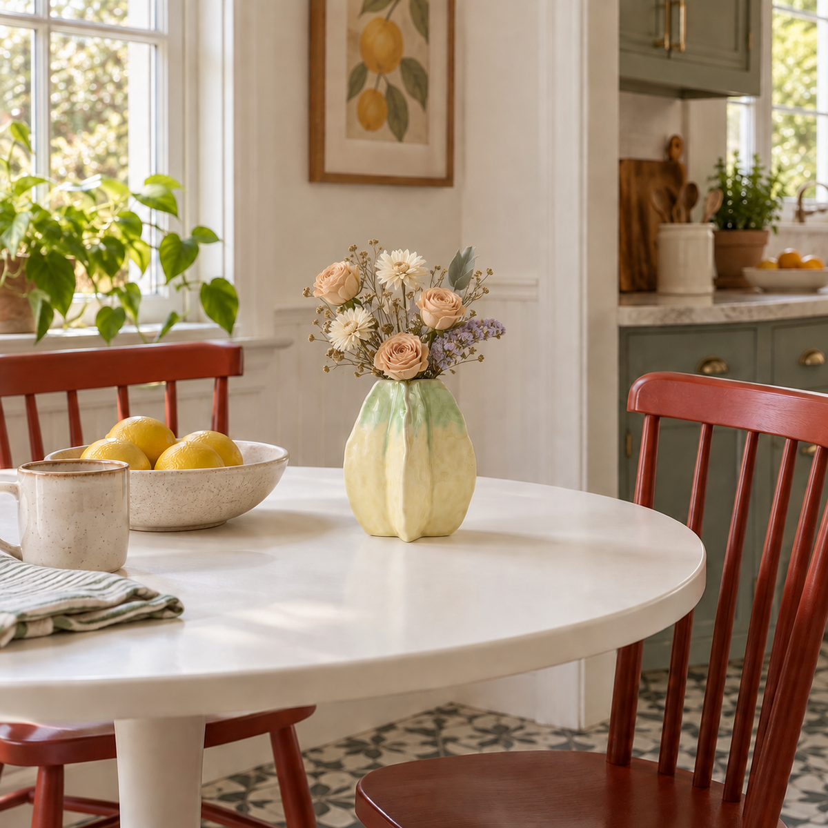 Mittelgroße gelbgrüne Keramikvase in Sternfruchtform mit apricot- und cremefarbenen Blumen auf einem weißen Frühstückstisch.
