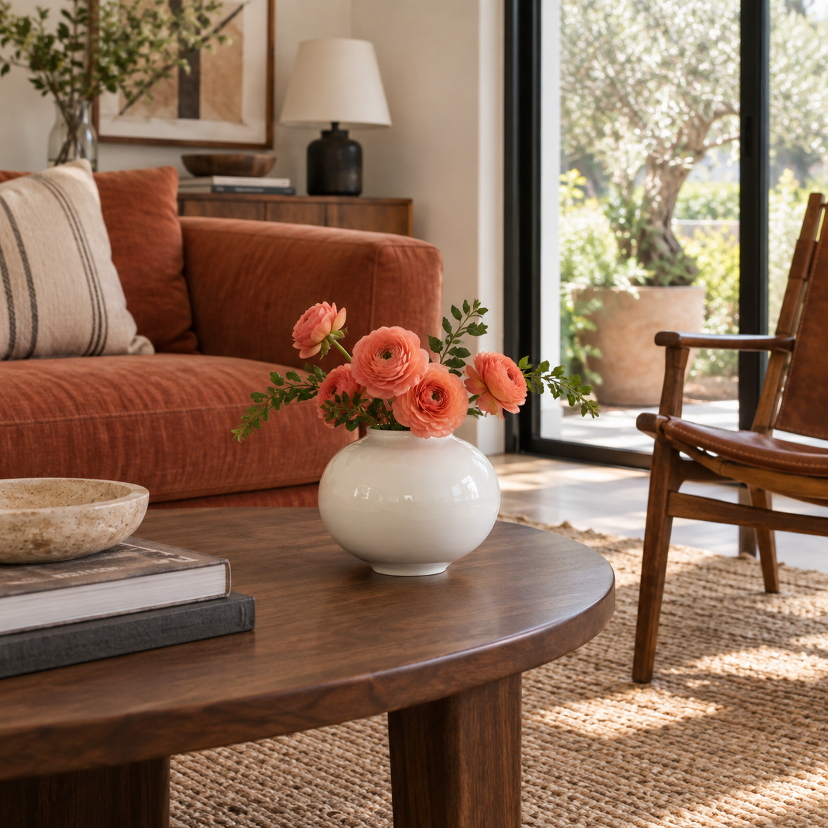Small glossy white moon ceramic vase with coral flowers on a wooden living room coffee table.