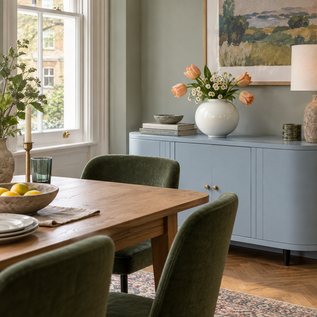 Medium glossy white moon ceramic vase with apricot tulips on a pale blue dining sideboard.