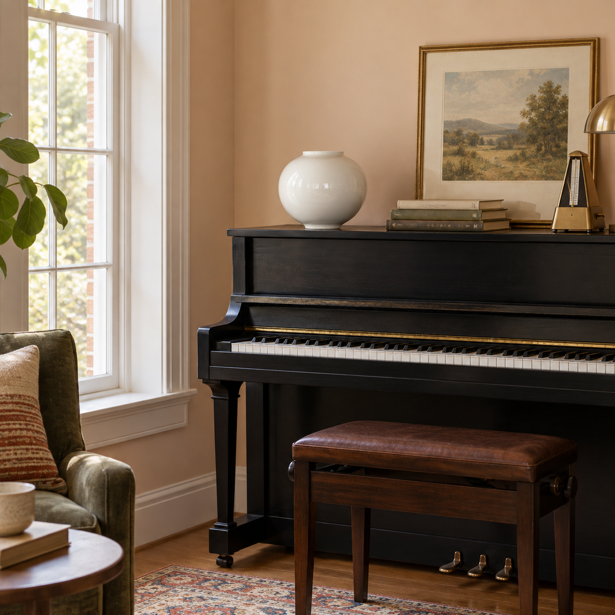 Medium glossy white moon ceramic vase standing empty on a piano in a home music corner.
