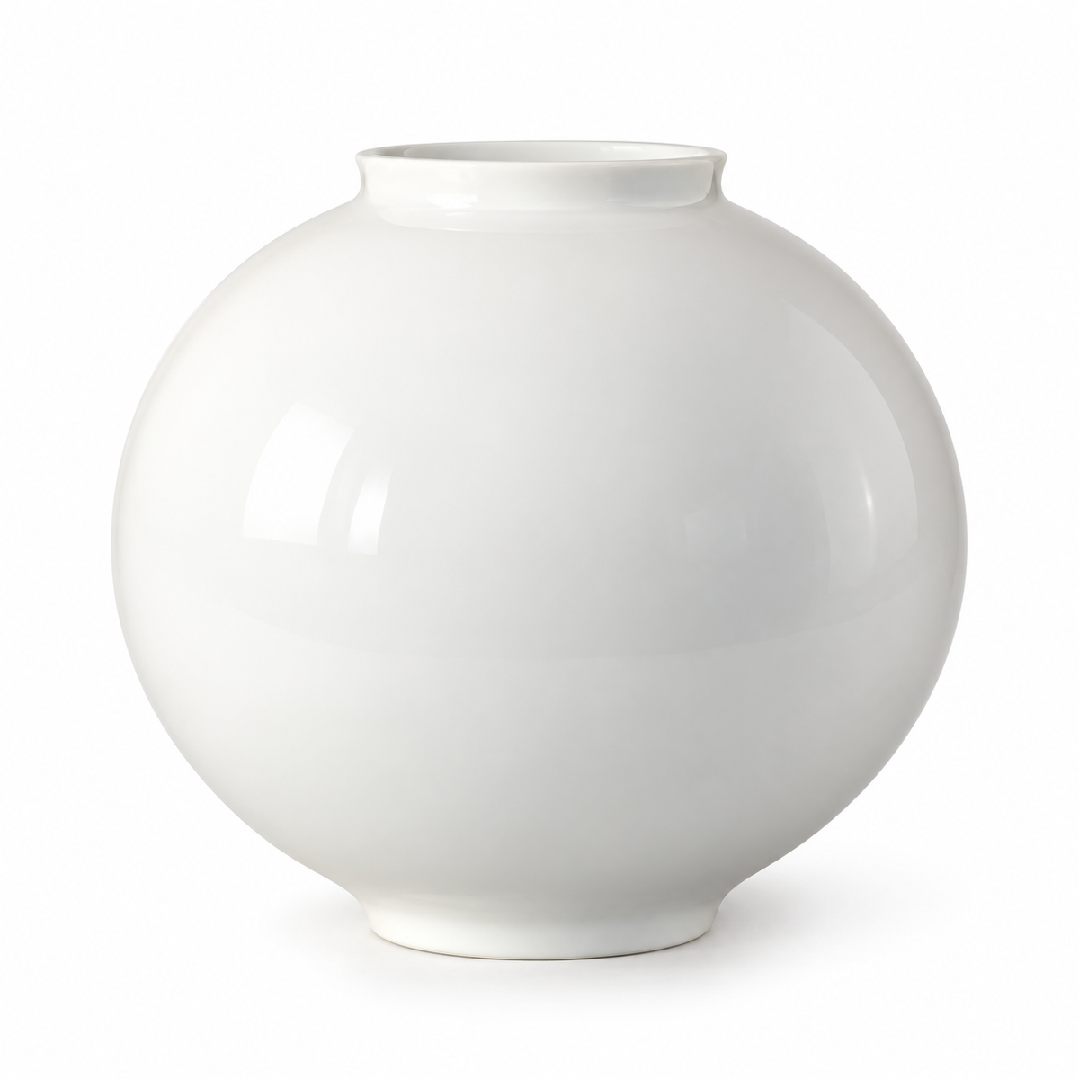 Large glossy white moon ceramic vase on a white studio background.