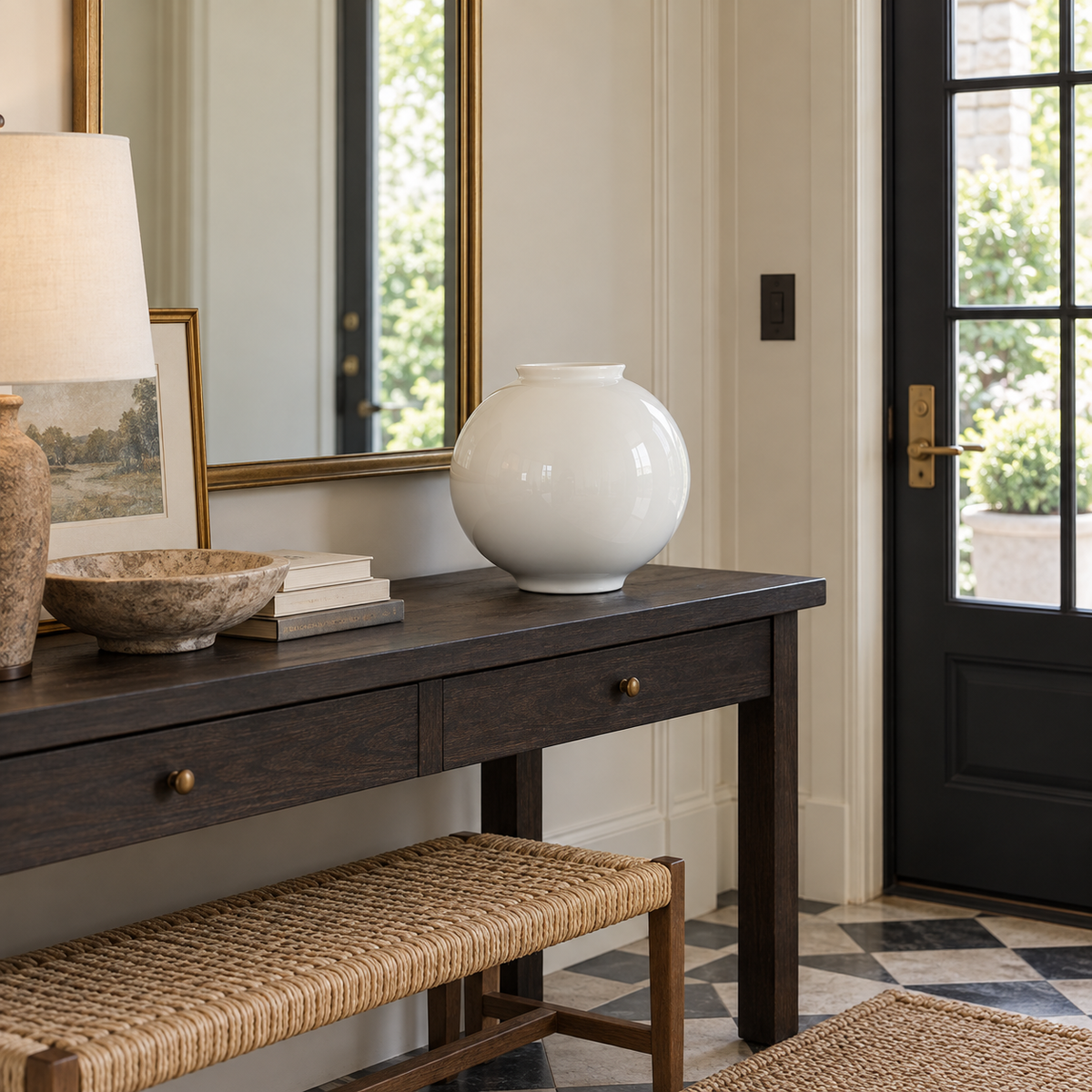 Large glossy white moon ceramic vase standing empty on a dark wooden entry console.