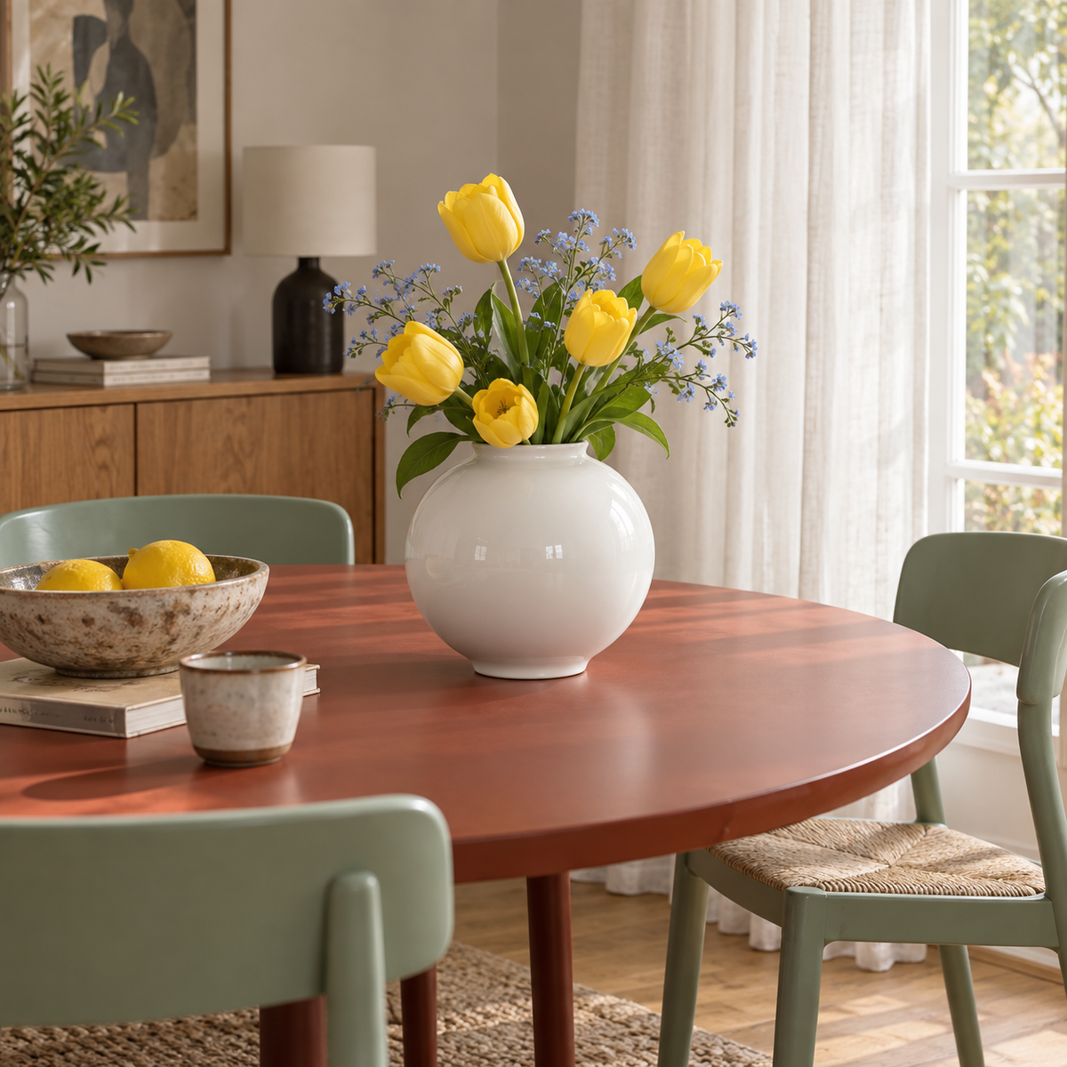 Large glossy white moon ceramic vase with yellow tulips on a red dining table.