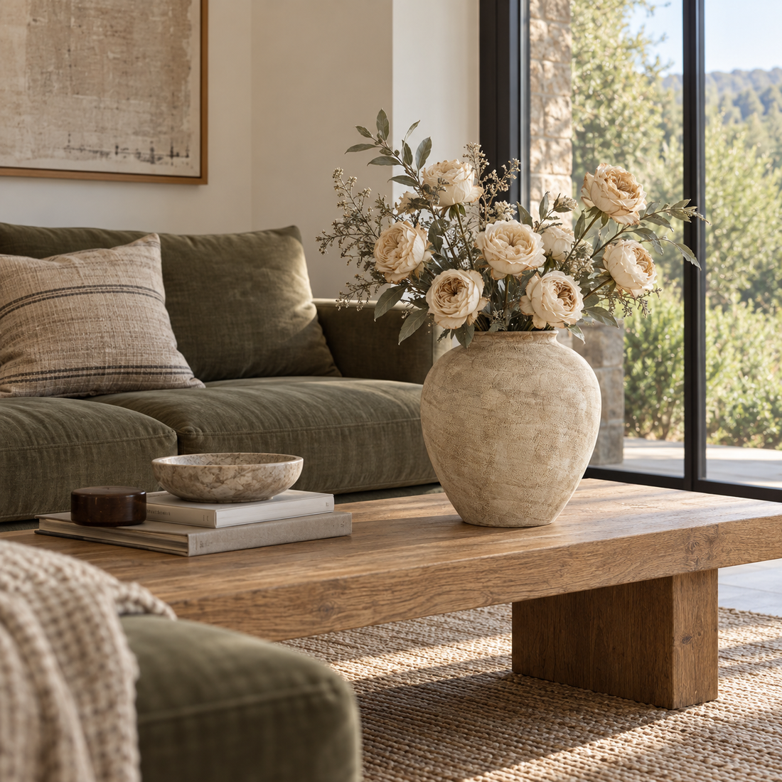 Large stone-textured ivory ceramic vase with cream dried roses on a living room coffee table.