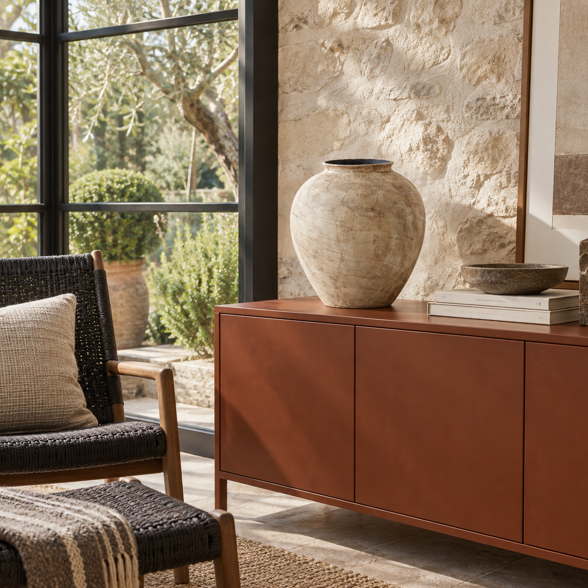 Large stone-textured ivory ceramic vase standing empty on a rust-colored cabinet in a reading corner.
