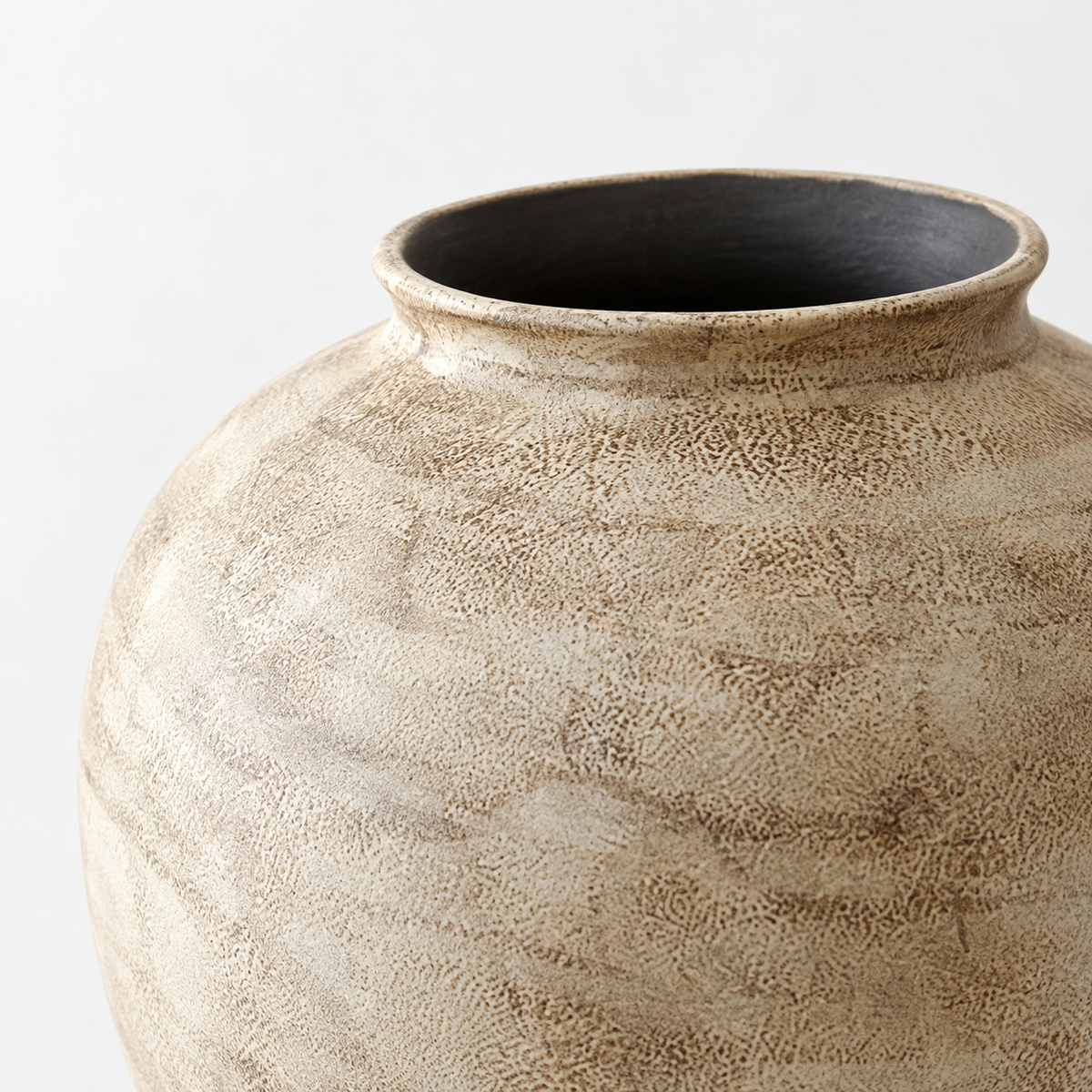 Large stone-textured ivory ceramic vase: rolled rim, dark opening and mottled stone-like finish.
