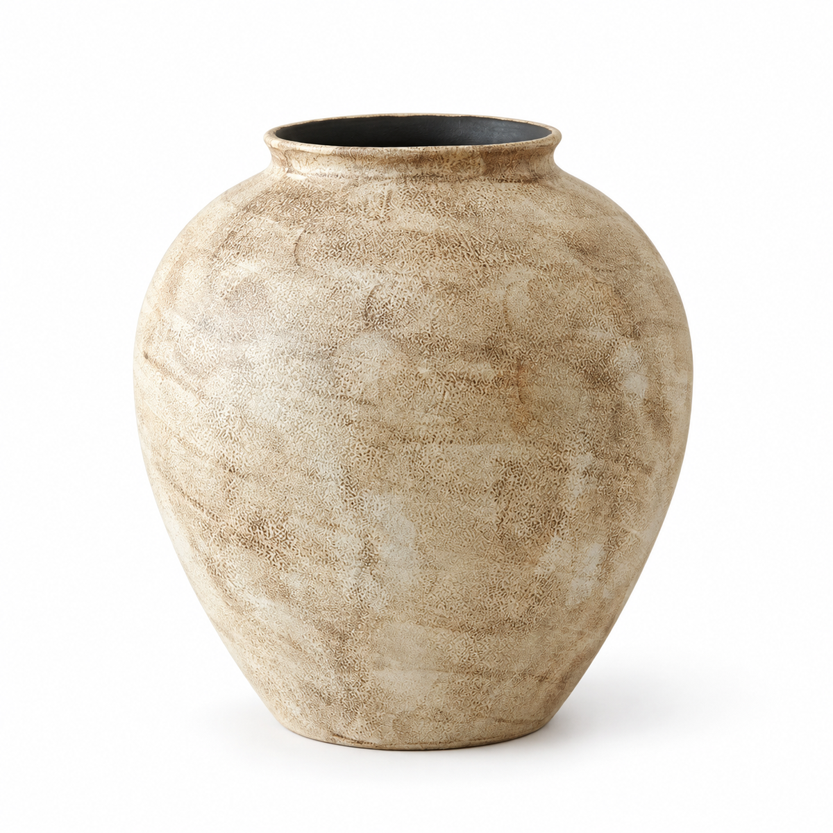 Small stone-textured ivory ceramic vase on a white studio background.