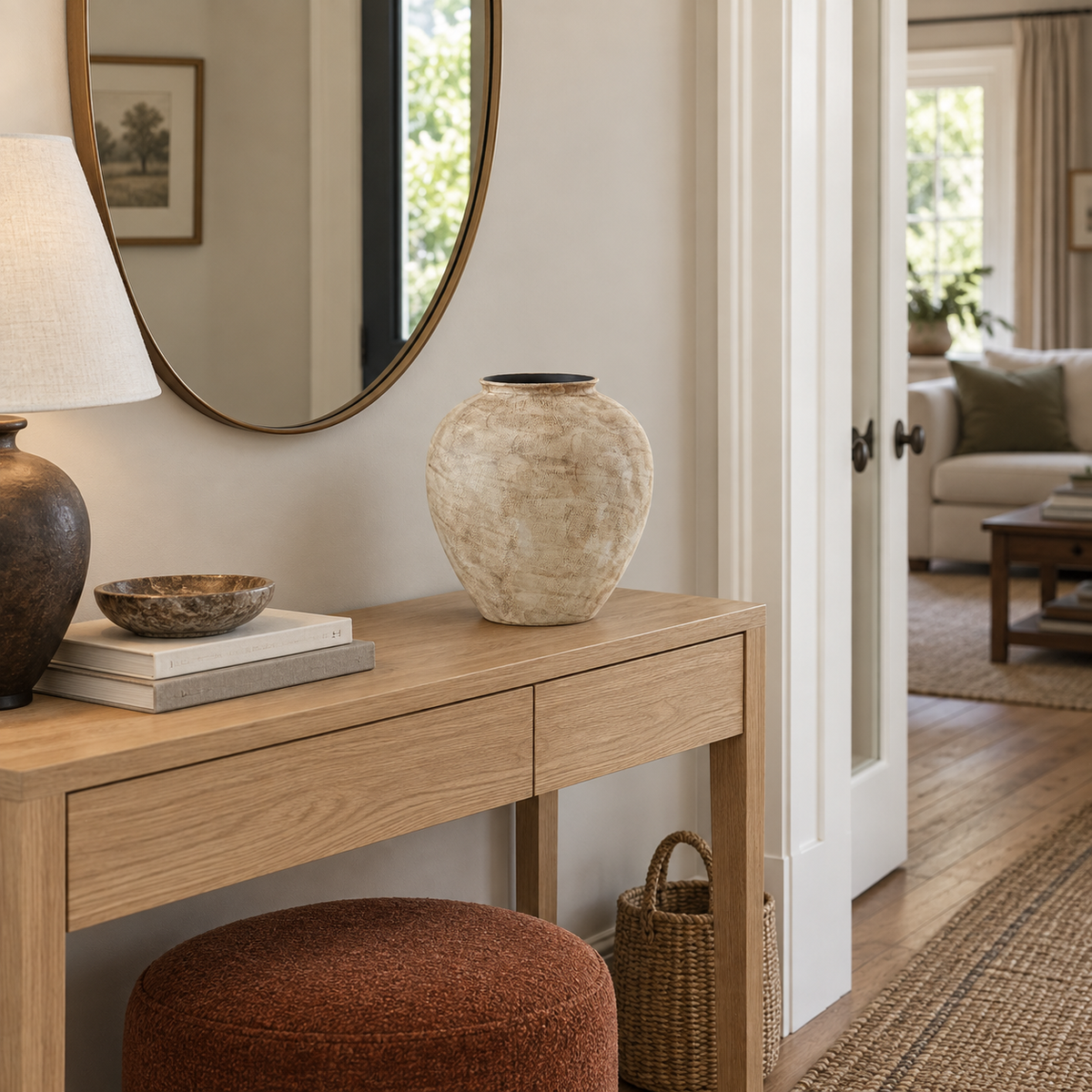 Small stone-textured ivory ceramic vase standing empty on a light wooden entry console.