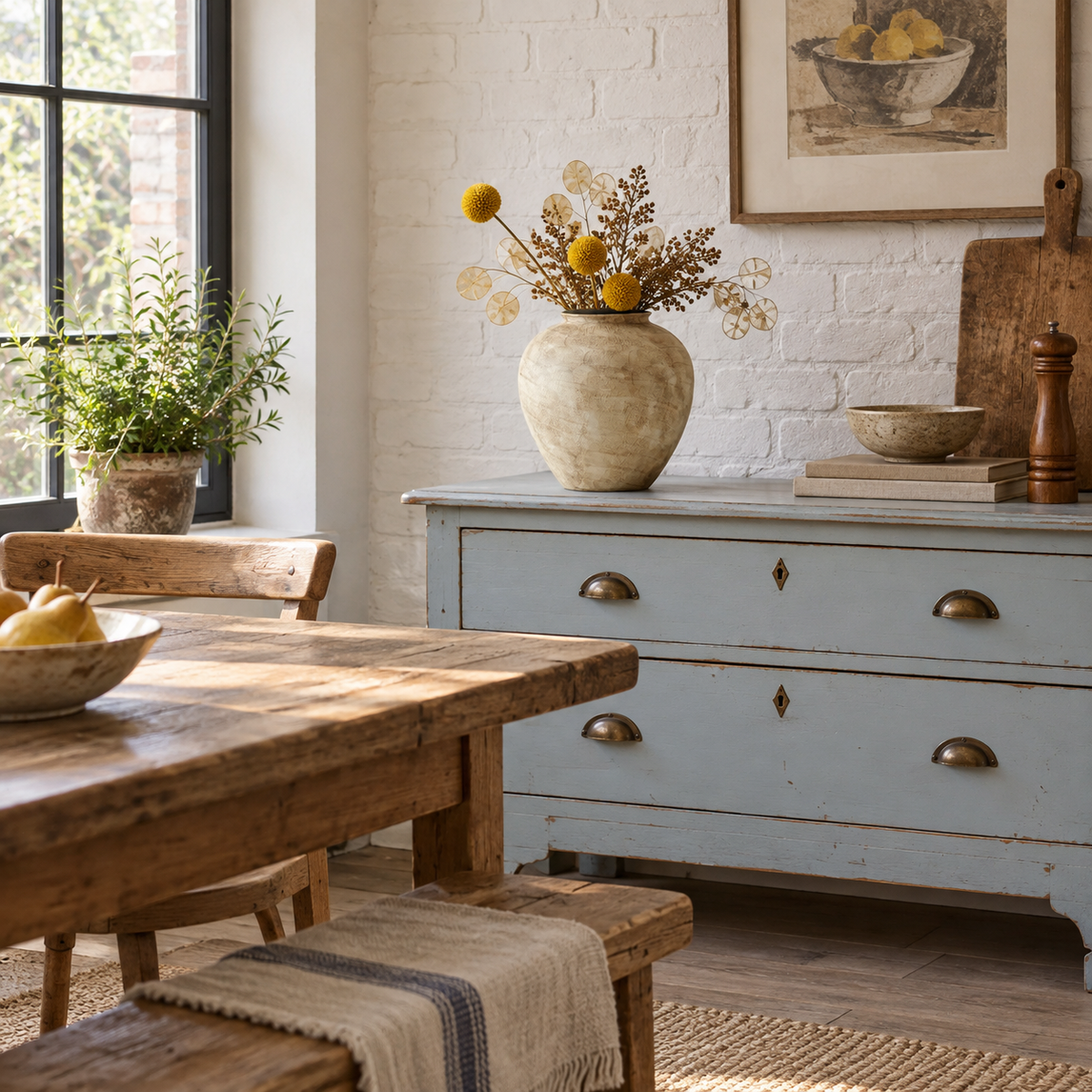 Small stone-textured ivory ceramic vase with dried seed heads on a pale blue kitchen cabinet.