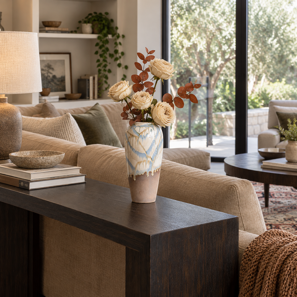 Hohe Keramikvase mit zweifarbiger Laufglasur mit cremefarbenen Blumen auf einer Konsole hinter einem Sofa.
