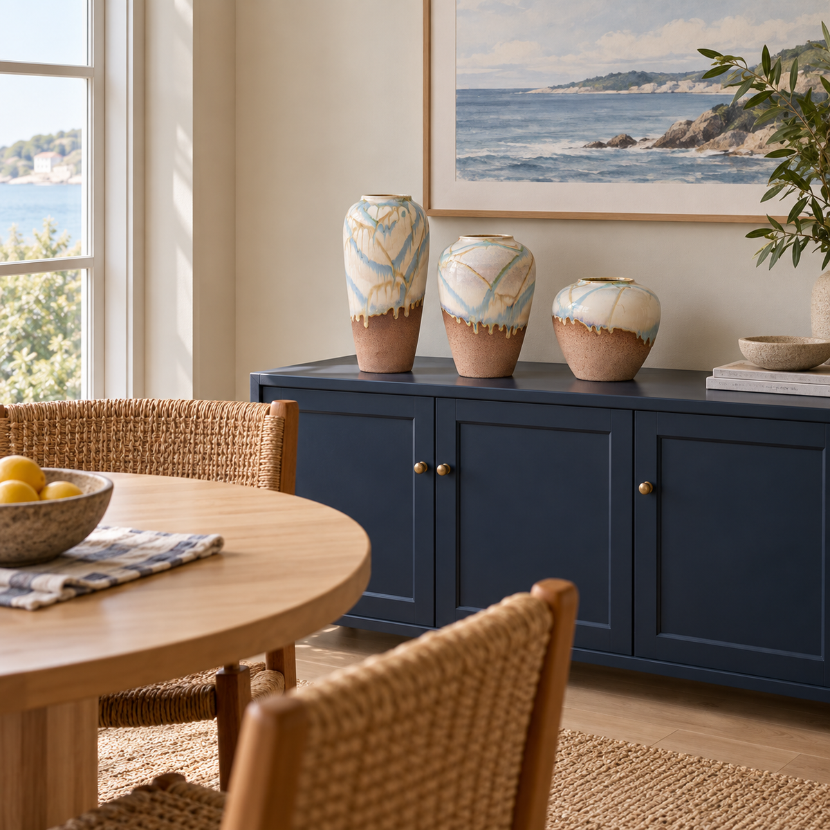 Set aus drei Keramikvasen mit zweifarbiger Laufglasur zusammen leer auf einem blauen Esszimmer-Sideboard.