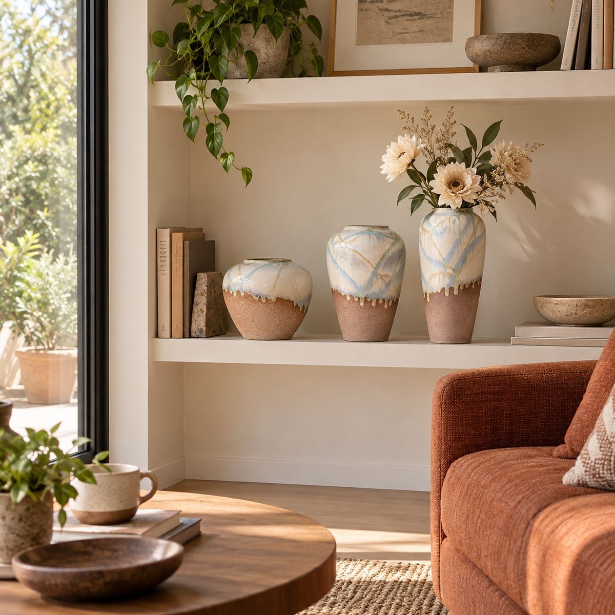 Set aus drei Keramikvasen mit zweifarbiger Laufglasur mit Blumen in der hohen Vase auf einem Wohnzimmer-Einbauregal.