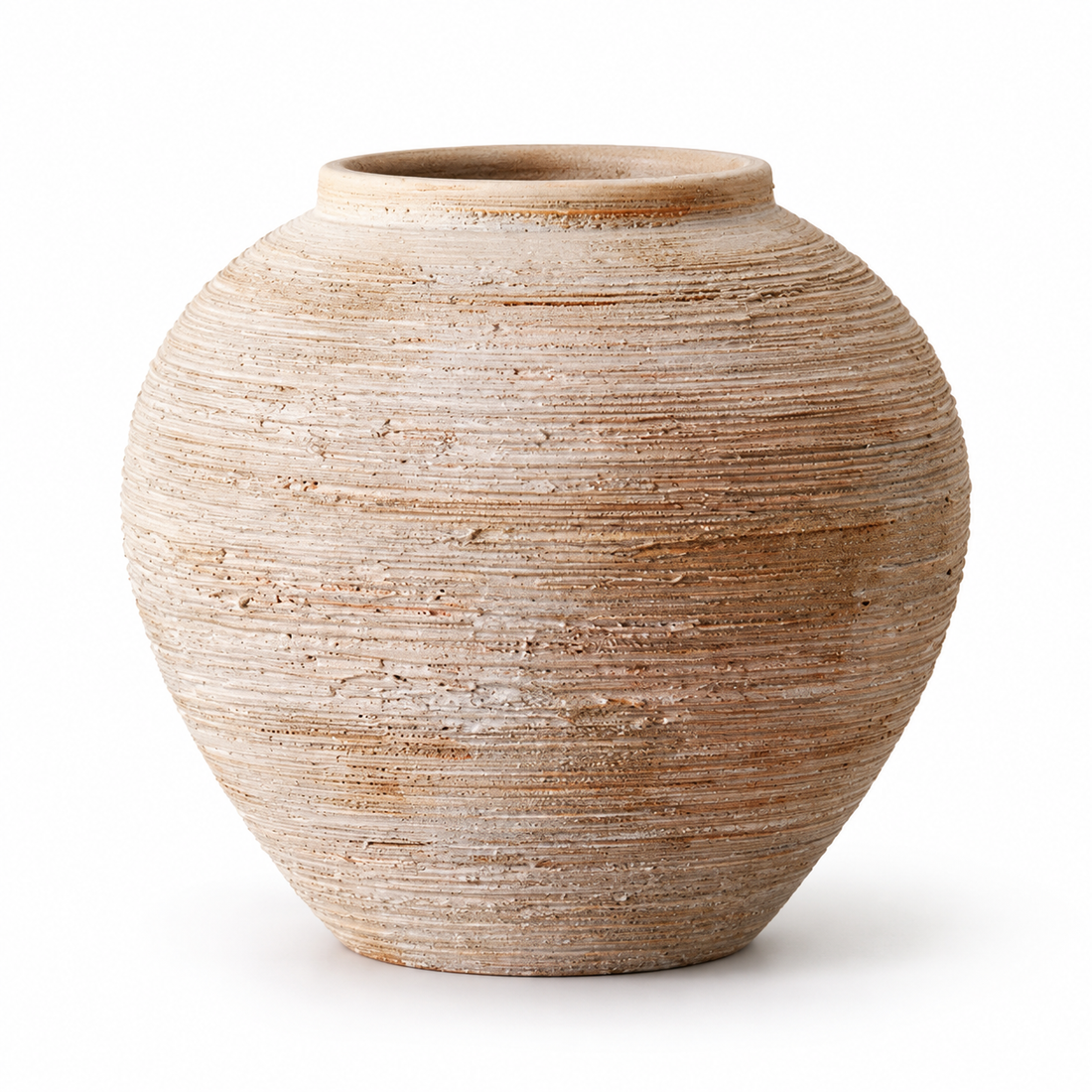 Small round warm ivory ribbed ceramic vase on a white studio background.