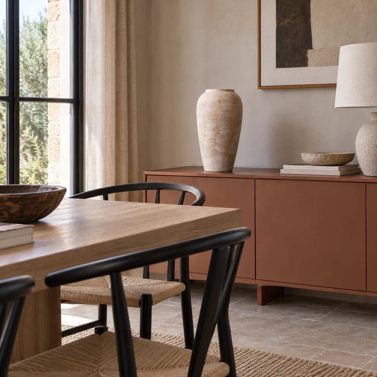 Hohe gerippte Keramikvase in warmem Elfenbein leer auf einem terrakottafarbenen Esszimmer-Sideboard.