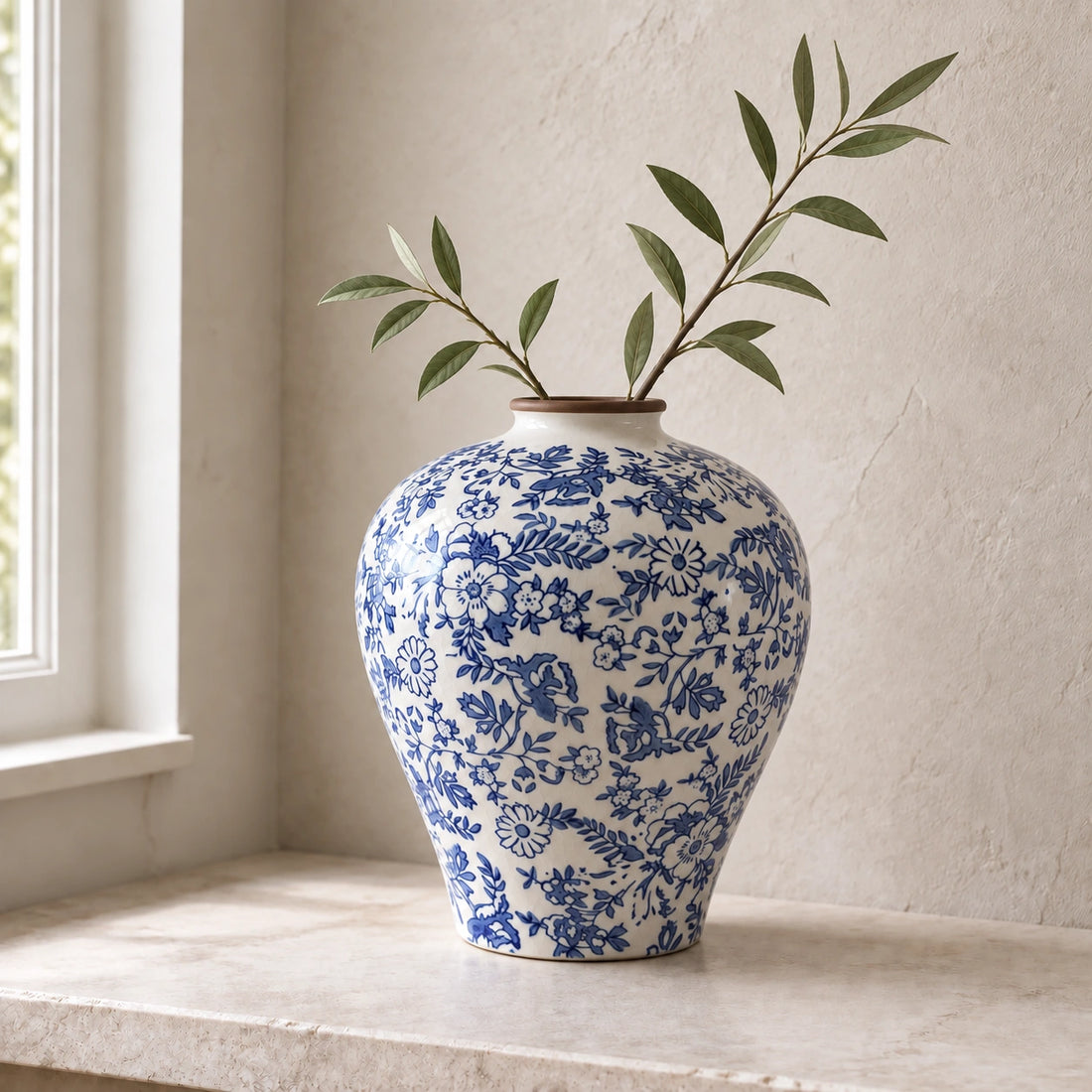 Blue and white ceramic vase with two sparse leafy branches on a light stone ledge by a window.