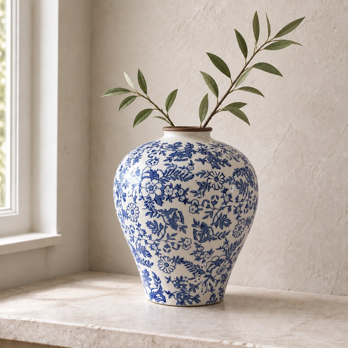 Blue and white ceramic vase with two sparse leafy branches on a light stone ledge by a window.