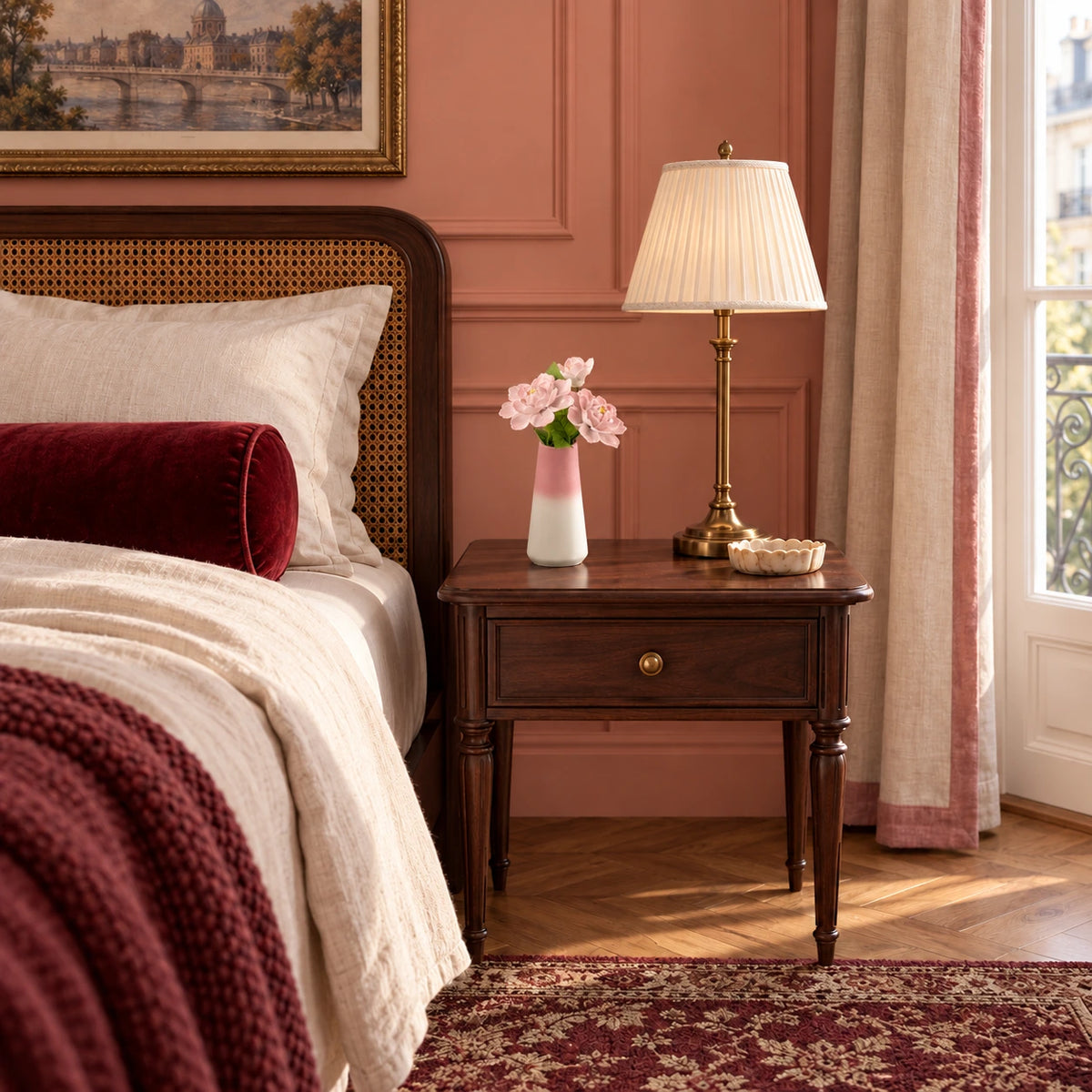 Three pink porcelain flowers in a pink-to-white tapered vase on a dark wood bedside table with a cane headboard, coral wall and crimson velvet bolster.