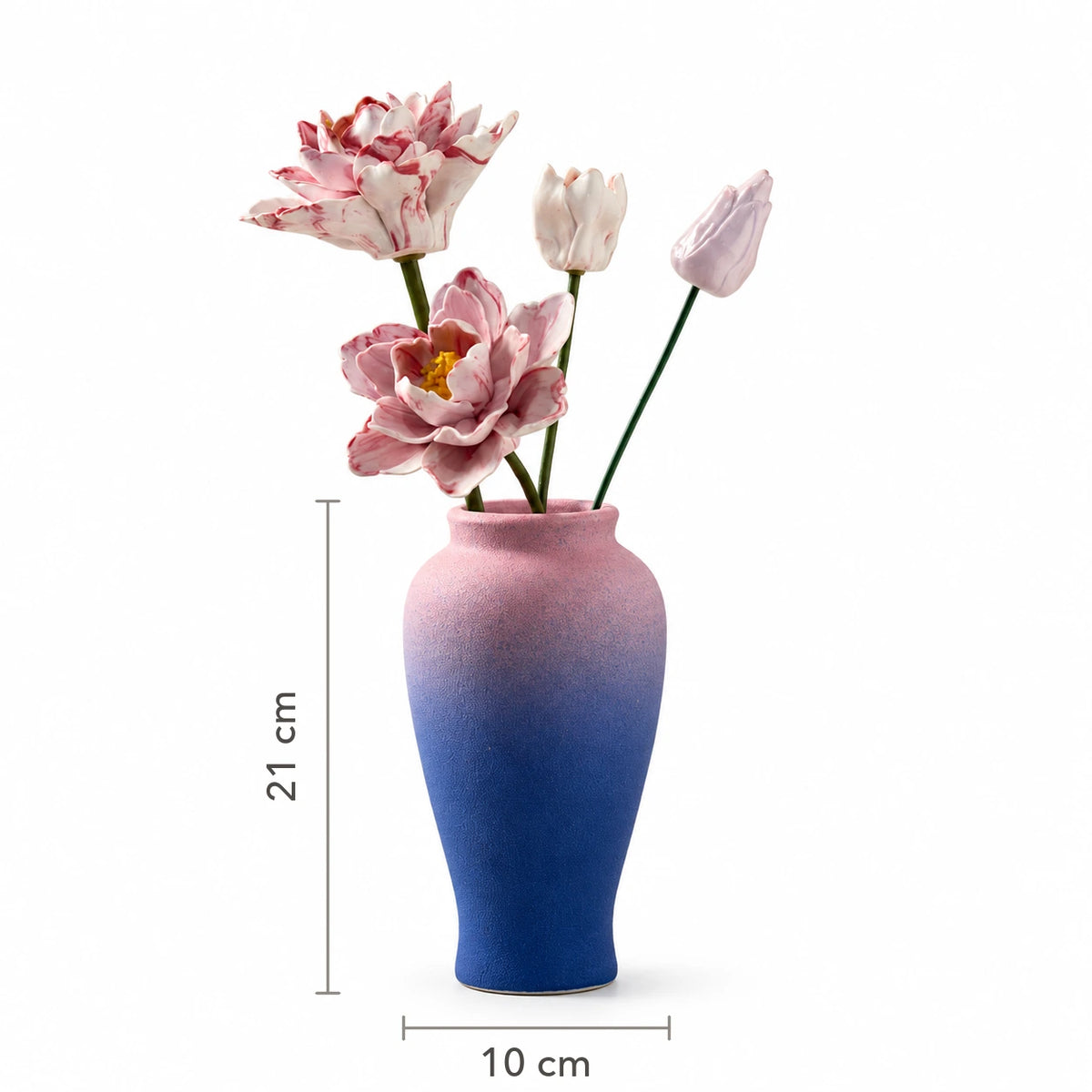 Vase size diagram: 10 cm wide and 21 cm high; flowers excluded from height measurement.