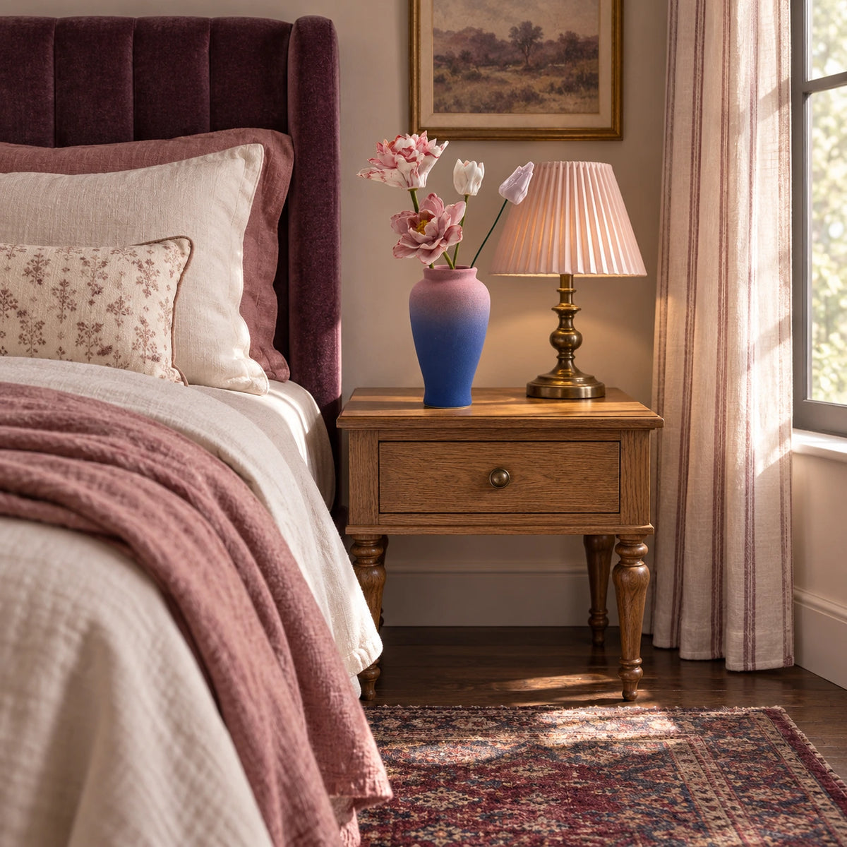 Two open pink flowers and two smaller buds in a textured pink-and-blue vase on an oak bedside table beside plum velvet upholstery and a pink pleated lamp.