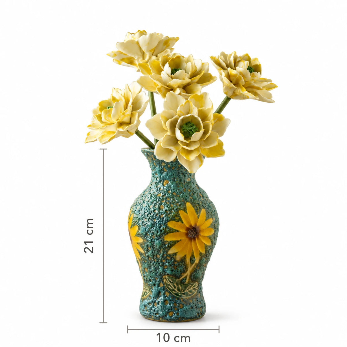 Vase size diagram: 10 cm wide and 21 cm high; flowers excluded from height measurement.