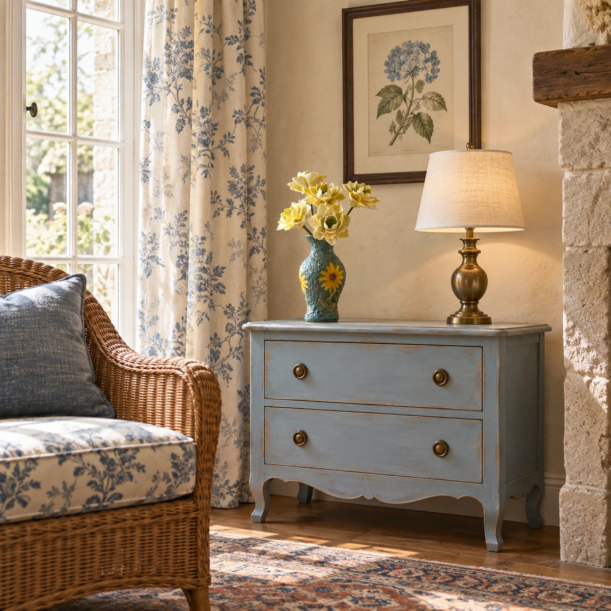 Five cream-yellow ceramic flowers in a textured turquoise vase with sunflower decoration on a powder-blue chest beside a rattan chair and blue botanical curtains.