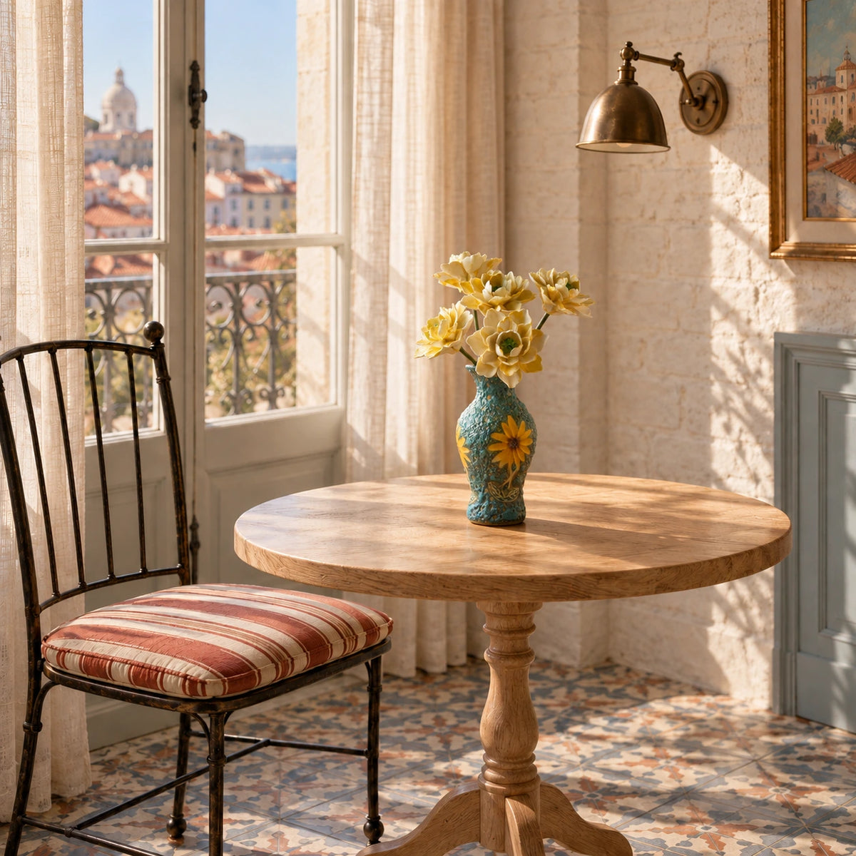 Five cream-yellow ceramic flowers in a textured turquoise vase with sunflower decoration on a pale wooden cafe table beside a rust-striped chair cushion and patterned tile floor.