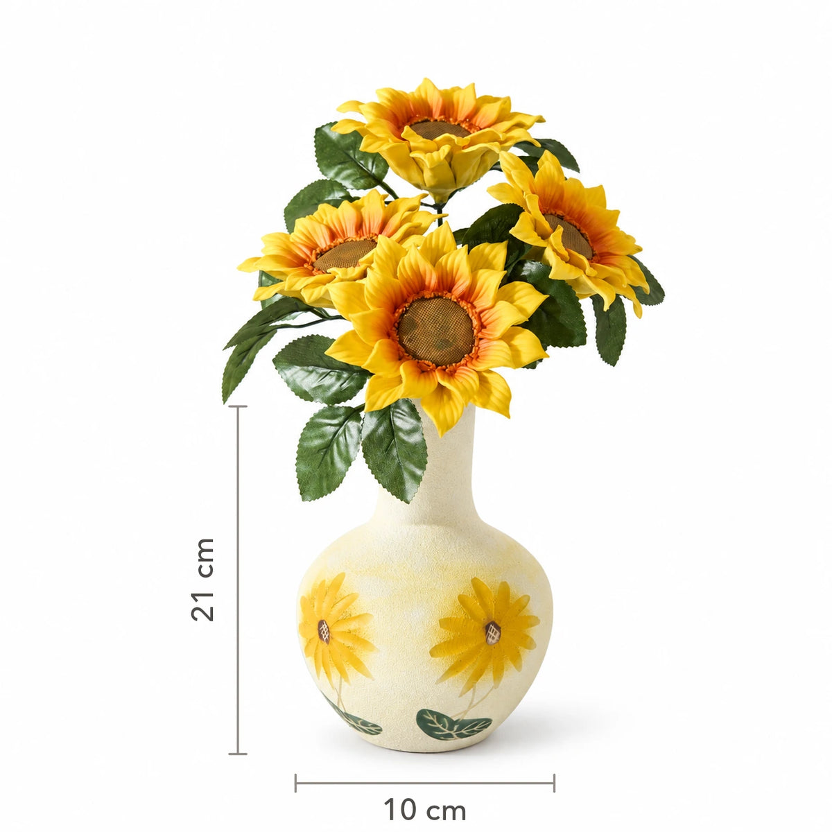 Vase size diagram: 10 cm wide and 21 cm high; flowers excluded from height measurement.