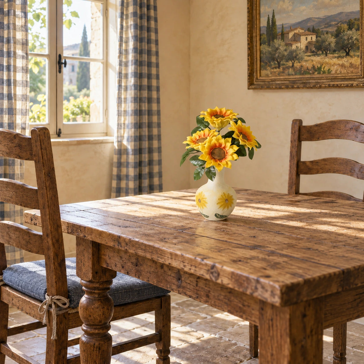 Four yellow porcelain sunflowers in a cream vase with sunflower motifs on an aged oak dining table with ladder-back chairs, checked curtains and a stone floor.