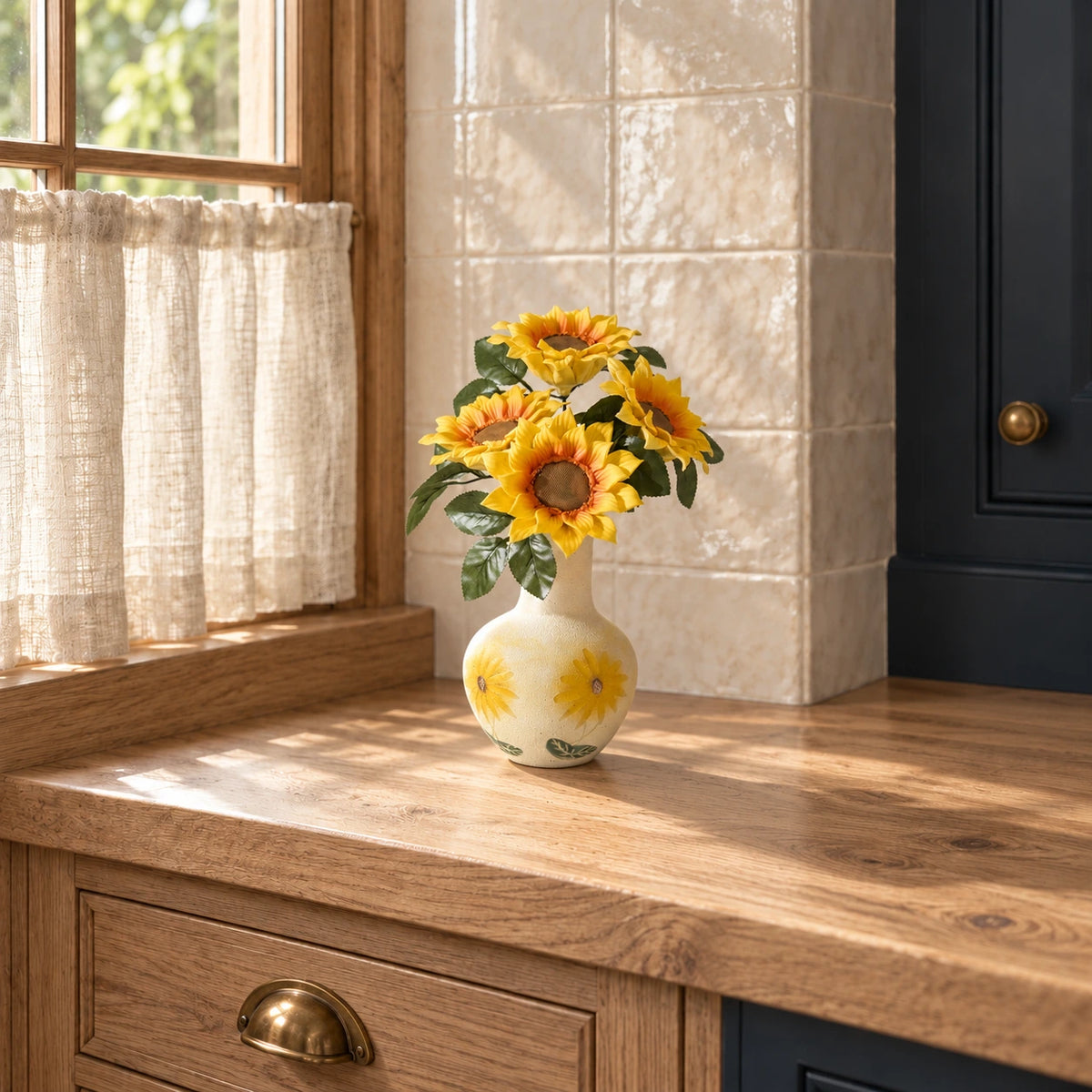 Four yellow porcelain sunflowers in a cream vase with sunflower motifs on an oak kitchen counter beside cream glazed tiles and a linen cafe curtain.