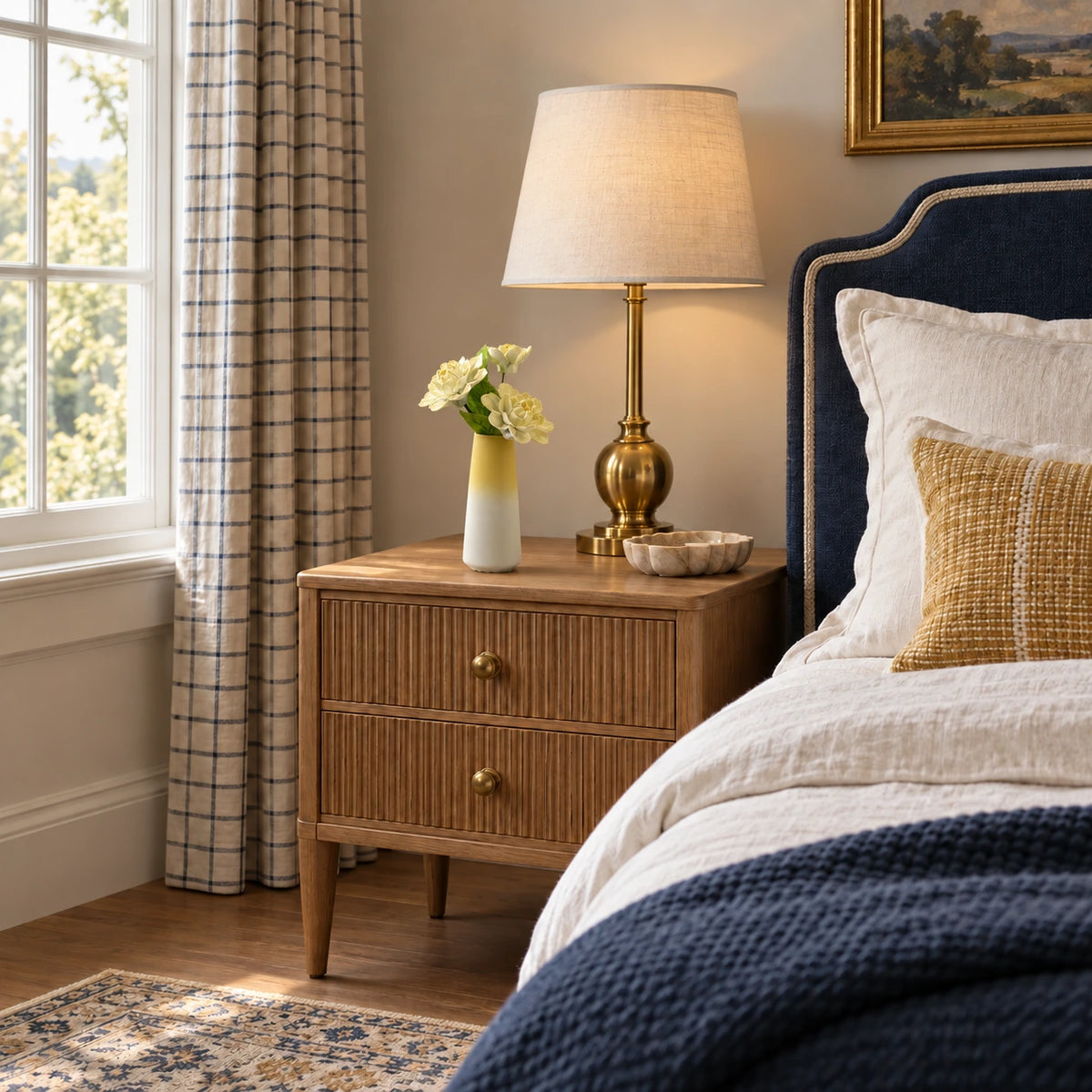 Three pale yellow porcelain flowers in a yellow-to-white tapered vase on a reeded oak bedside cabinet beside a navy headboard and brass lamp.